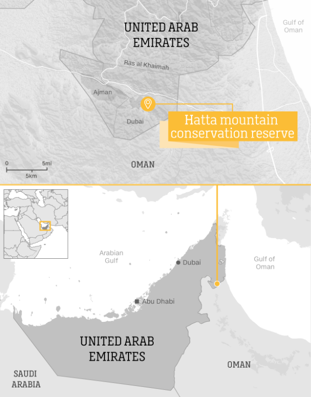 Map of Hatta showing location relative to Dubai and Hajar Mountains